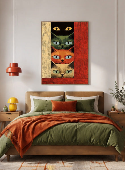 Retro Illustrative Cat Painting Textured Canvas Art With Bold Colors For Unique Wall Decor