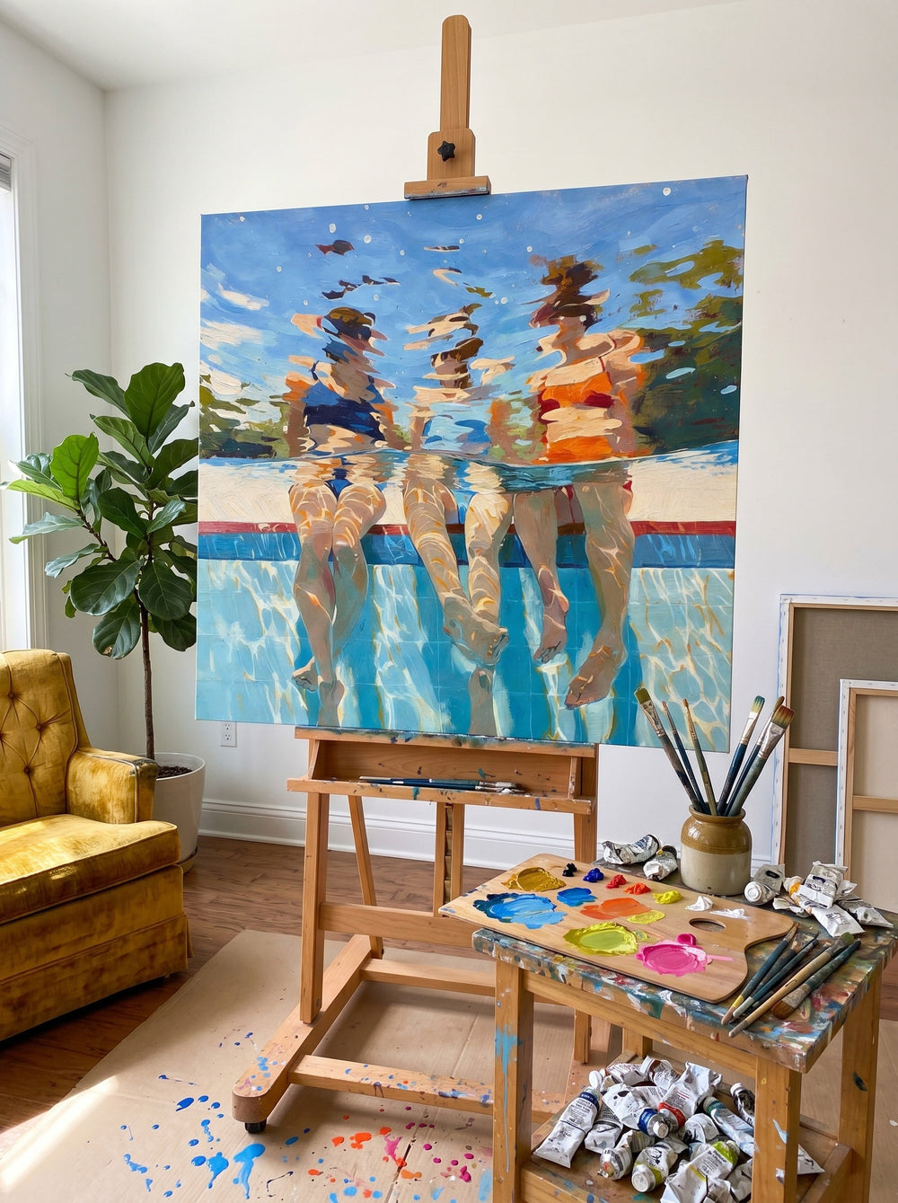 Original Oil Painting Of Underwater Figures With Expressive Light Effects
