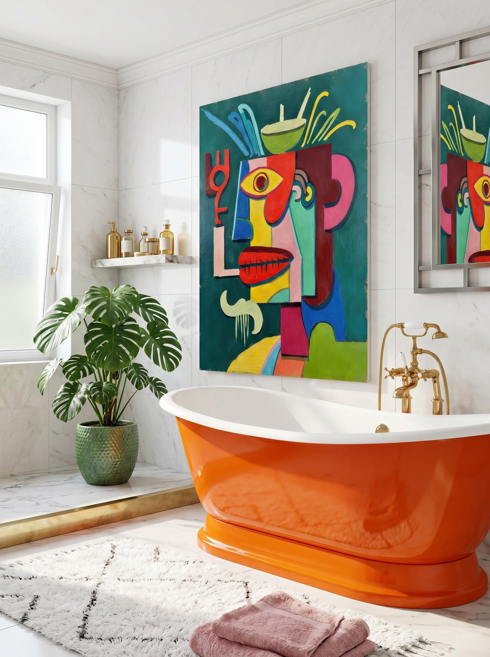Quirky Cubist Face Art Print With Bold Colors And Expressive Brushstrokes For Eclectic Interiors
