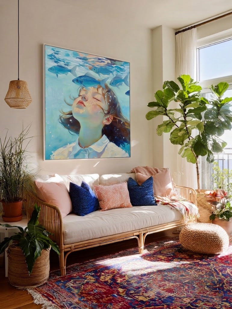 Hand Painted Square Canvas Art Girl Swimming With Fish Contemporary Interior Design