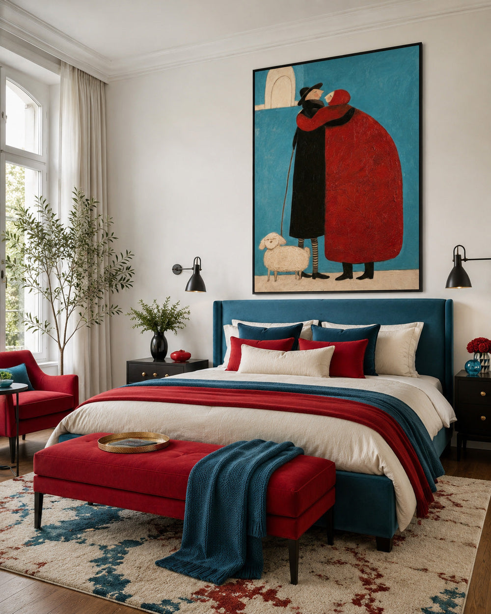 Minimalist People Art Square Canvas Print With Bold Red And Blue Colors For Home Decoration