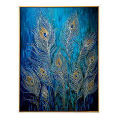 Ethereal Plume – Textured Blue and Gold Feather Oil Painting
