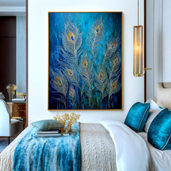 Ethereal Plume – Textured Blue and Gold Feather Oil Painting