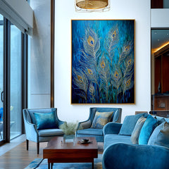 Ethereal Plume – Textured Blue and Gold Feather Oil Painting
