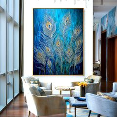 Ethereal Plume – Textured Blue and Gold Feather Oil Painting