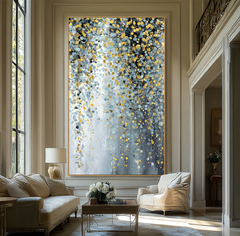 Golden Mist – Textured Blue Gray and Gold Abstract Oil Painting