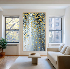 Golden Mist – Textured Blue Gray and Gold Abstract Oil Painting