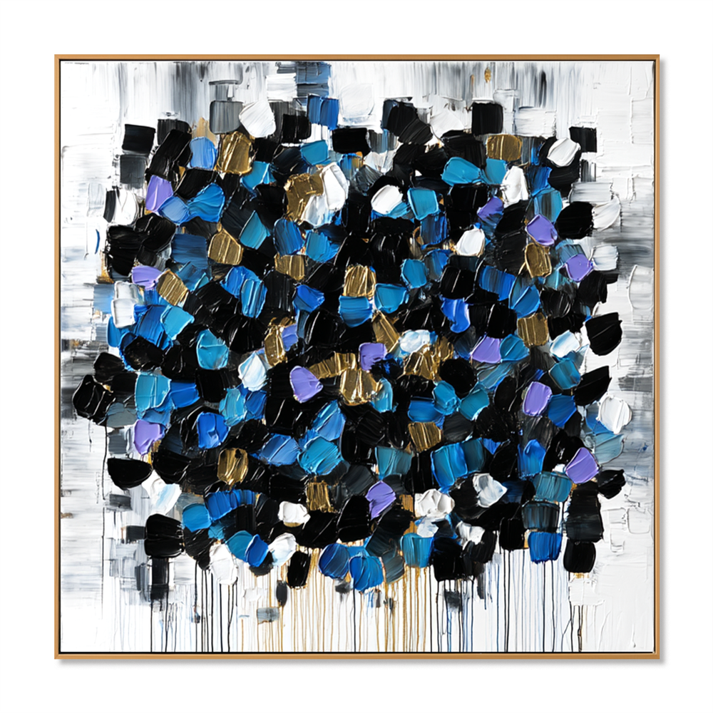 Midnight Mosaic – Contemporary Blue Abstract Oil Painting hand-painted wall art