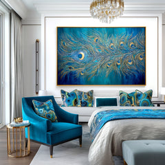 Radiant Feather – Textured Blue and Gold Abstract Oil Painting