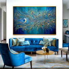 Radiant Feather – Textured Blue and Gold Abstract Oil Painting