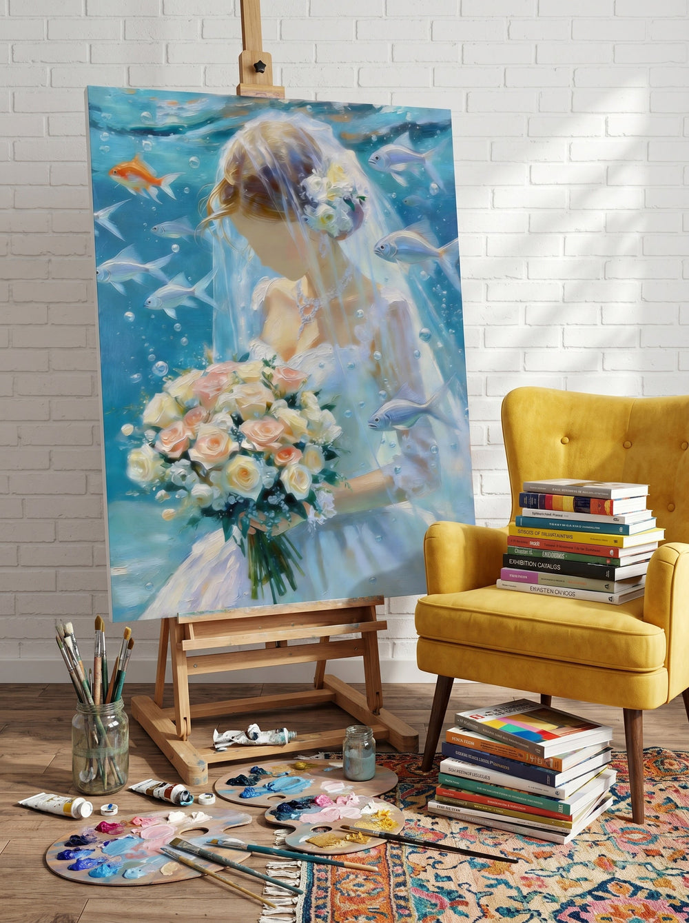 Unique Square Canvas Art Of Bride Underwater With Bouquet For Living Room Wall