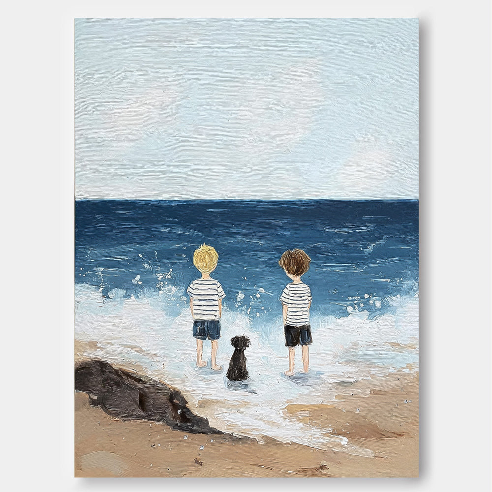 Original Hand Painted Seascape Artwork Featuring Children And Pet On Linen
