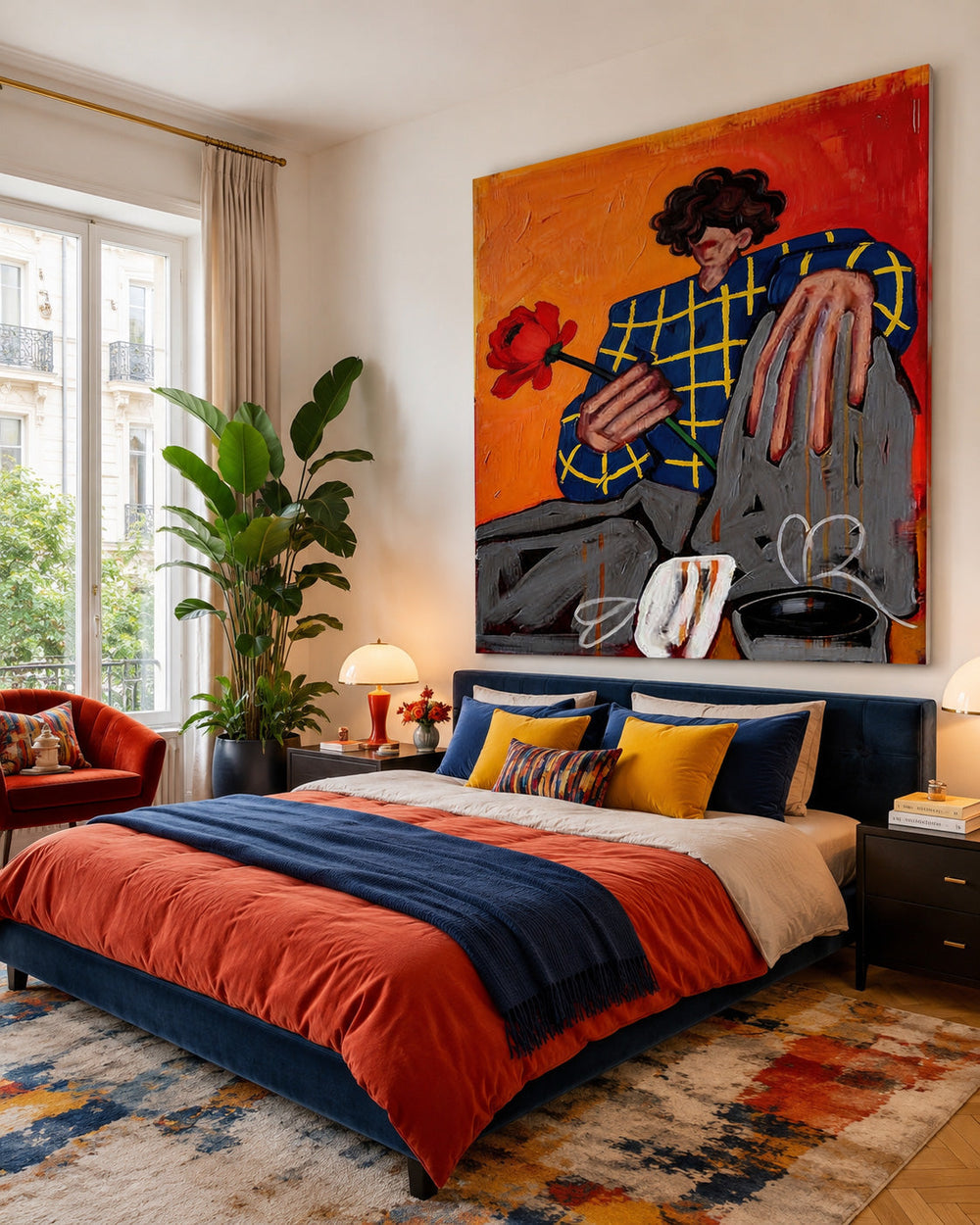 Modern Expressive Portrait Painting With Red Flower For Living Room Wall Art Decor
