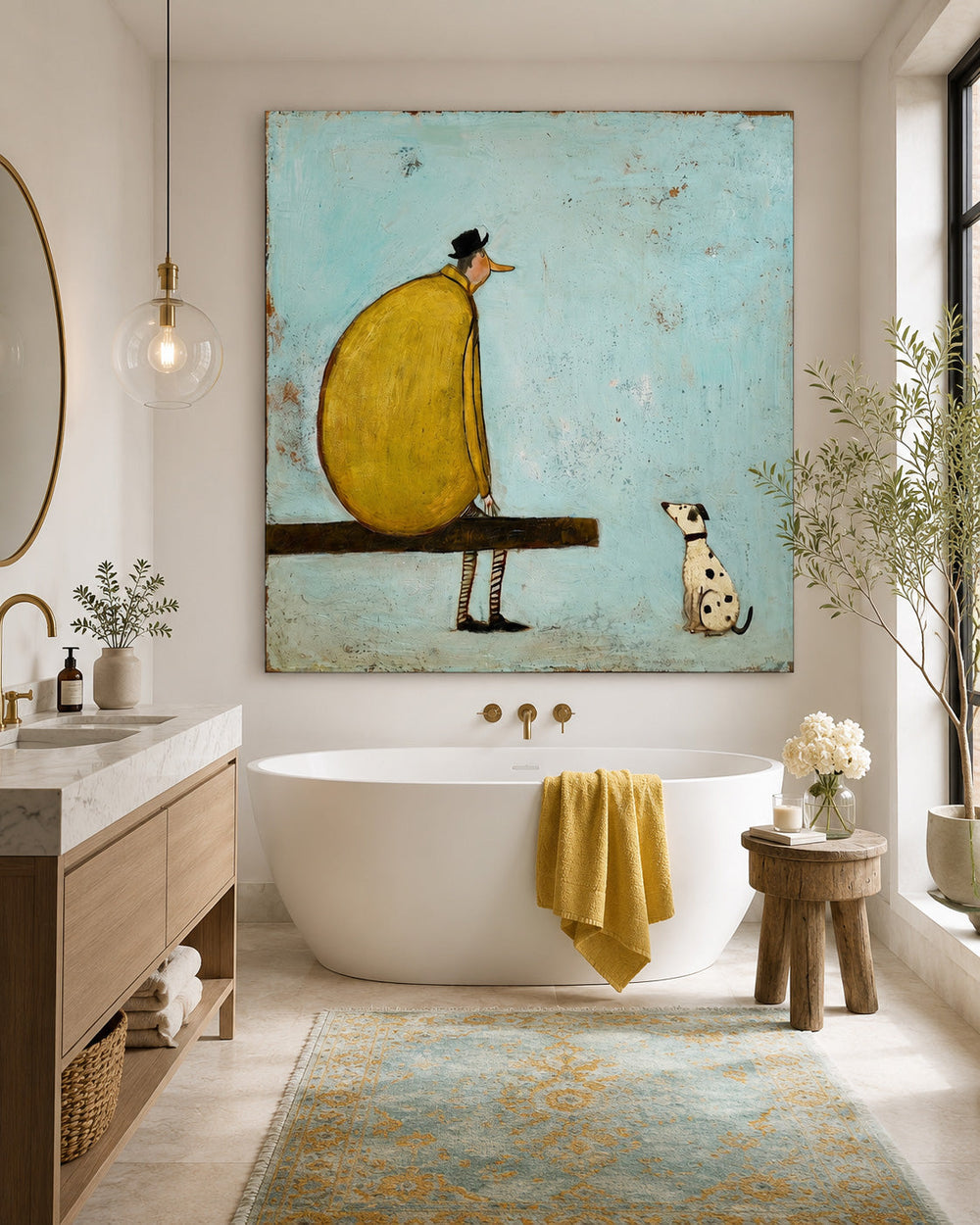 Retro Modern Square Art Print Featuring Stylized Figure And Pet In Yellow And Blue