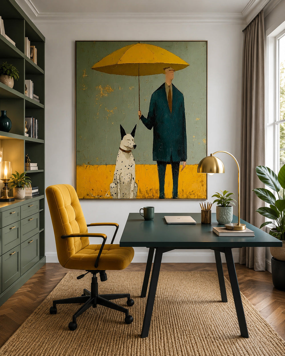 Retro Style Man And Dog Oil Painting Textured Canvas Art For Eclectic Home Decor