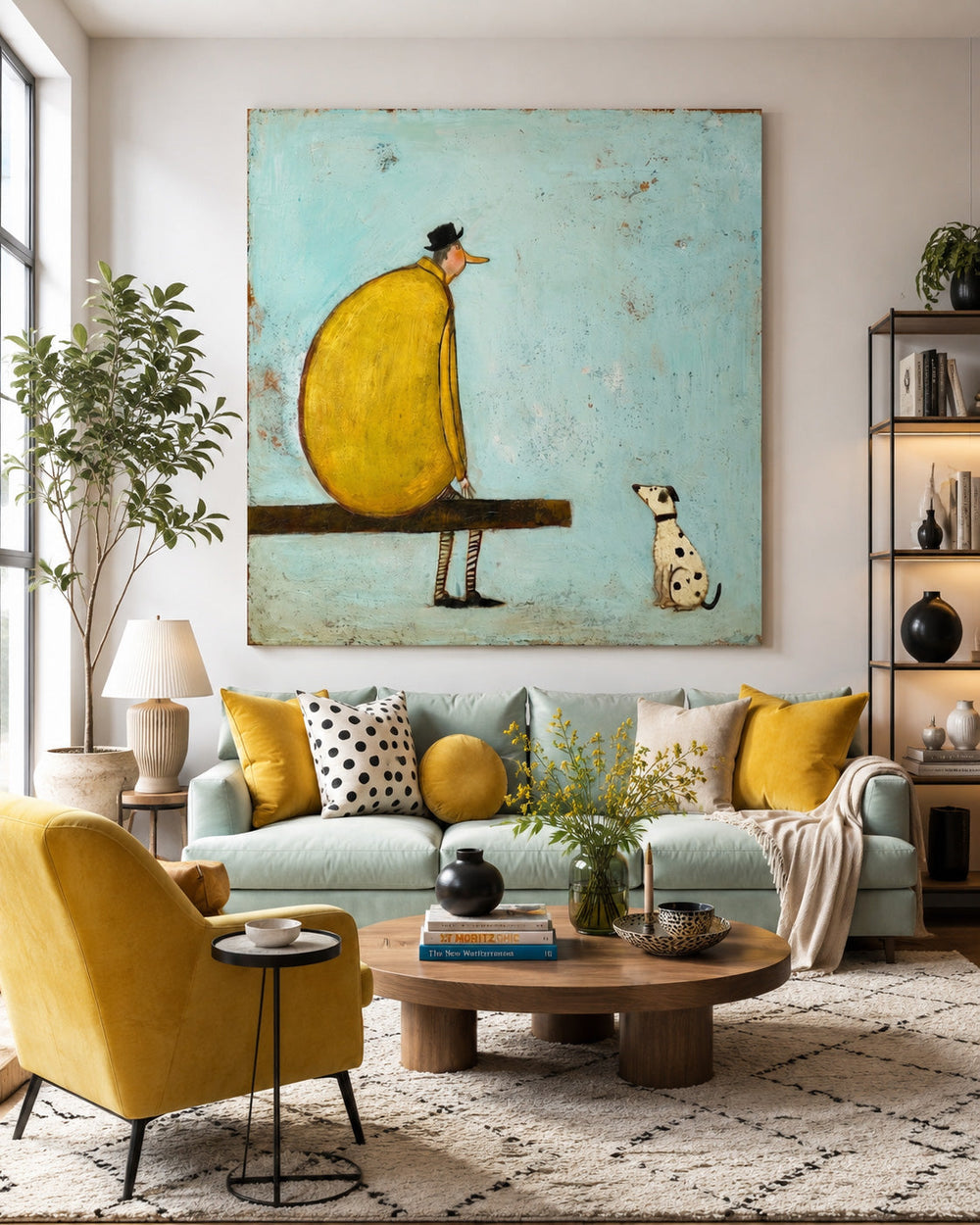 Retro Modern Square Art Print Featuring Stylized Figure And Pet In Yellow And Blue
