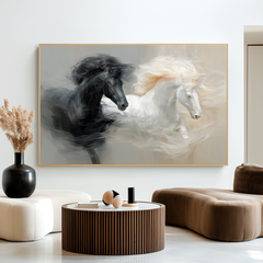 Balanced Motion – Black and White Horse Canvas Art