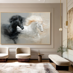 Balanced Motion – Black and White Horse Canvas Art