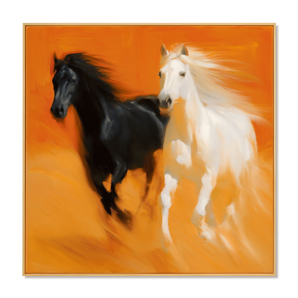 Dual Motion – Black and White Horse Canvas Art hand-painted wall art