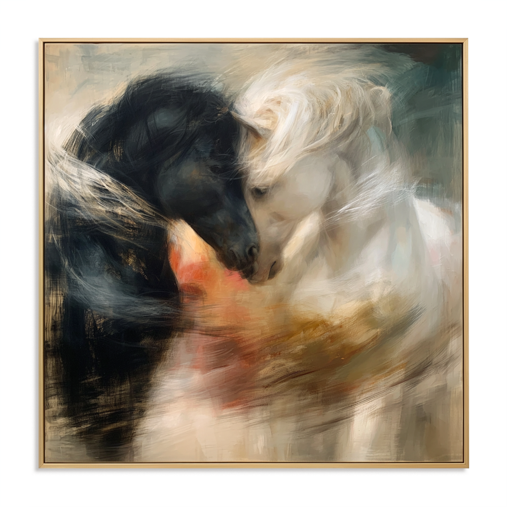 Silent Bond – Black and White Horse Canvas Art hand-painted wall art