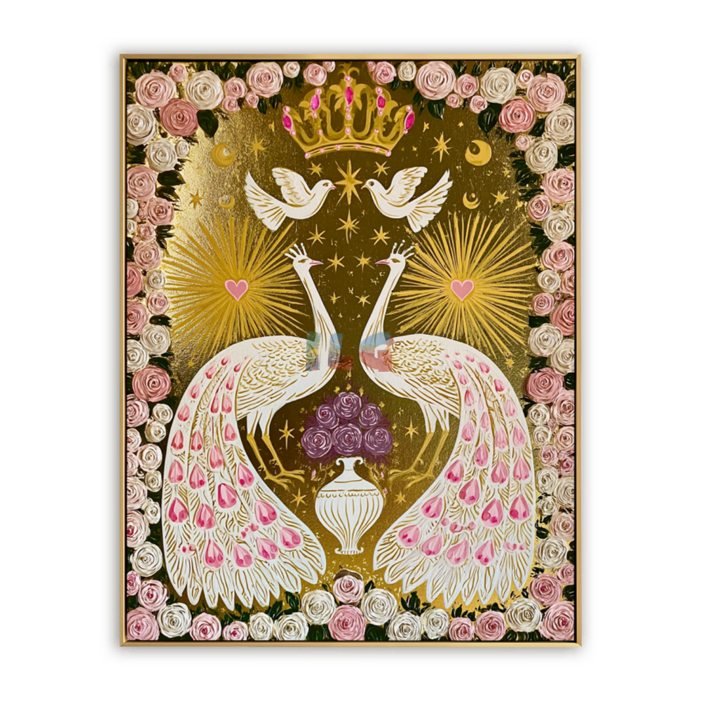 Crowned Peacock Romance – Ornate Floral Bird Wall Art hand-painted wall art