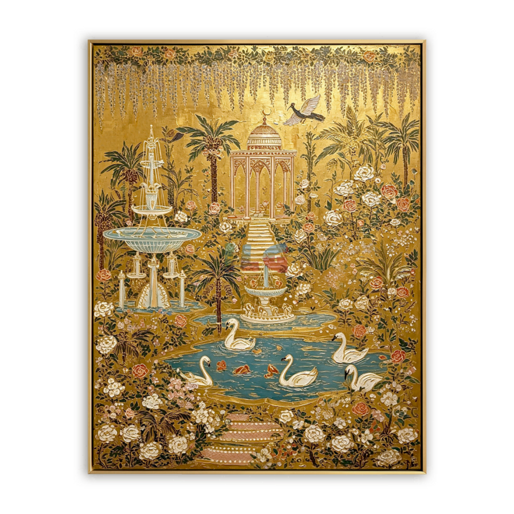 Golden Swan Palace Garden – Ornate Botanical Wall Art hand-painted wall art