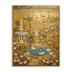 Golden Swan Palace Garden – Ornate Botanical Wall Art hand-painted wall art