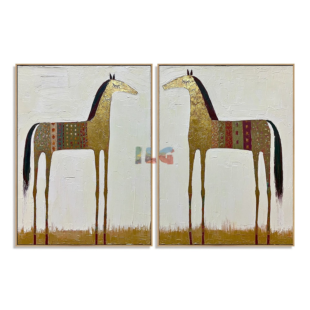 Golden Twin Horses – Western Folk Wall Art Set hand-painted wall art