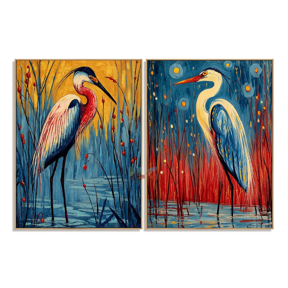 Crimson Reed Herons – Bird Diptych Wall Art hand-painted wall art