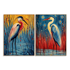 Crimson Reed Herons – Bird Diptych Wall Art hand-painted wall art