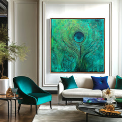 Emerald Pulse – Textured Blue and Green Abstract Feather Oil Painting