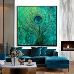 Emerald Pulse – Textured Blue and Green Abstract Feather Oil Painting