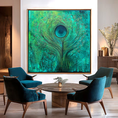 Emerald Pulse – Textured Blue and Green Abstract Feather Oil Painting