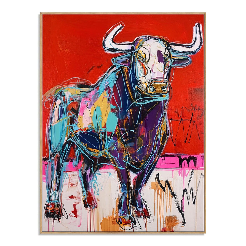 Scarlet Bull Charge – Abstract Animal Wall Art hand-painted wall art