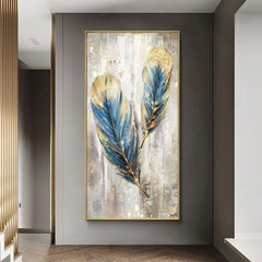 Feathers – Blue & Gold Textured Abstract Painting for Modern Elegant Home Decor