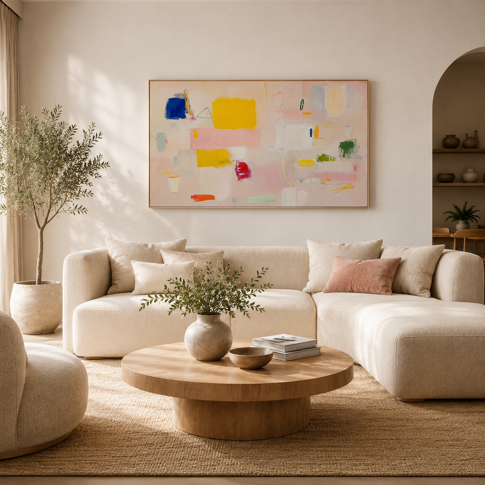 Soft pink and cream horizontal abstract painting AB452 above a neutral living room sofa
