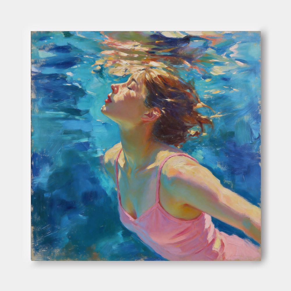 Underwater Woman Portrait Painting In Impressionist Style With Blue And Pink Tones