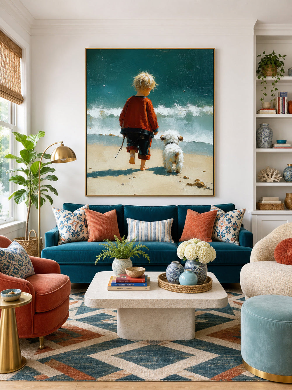Impressionist Style Child And Dog Beach Painting Original Oil Art For Living Room Decor