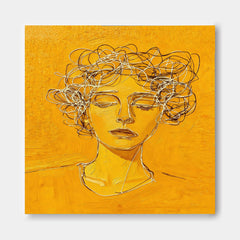 Modern Minimalist Face Line Art Painting With Golden Hue For Contemporary Home Decor
