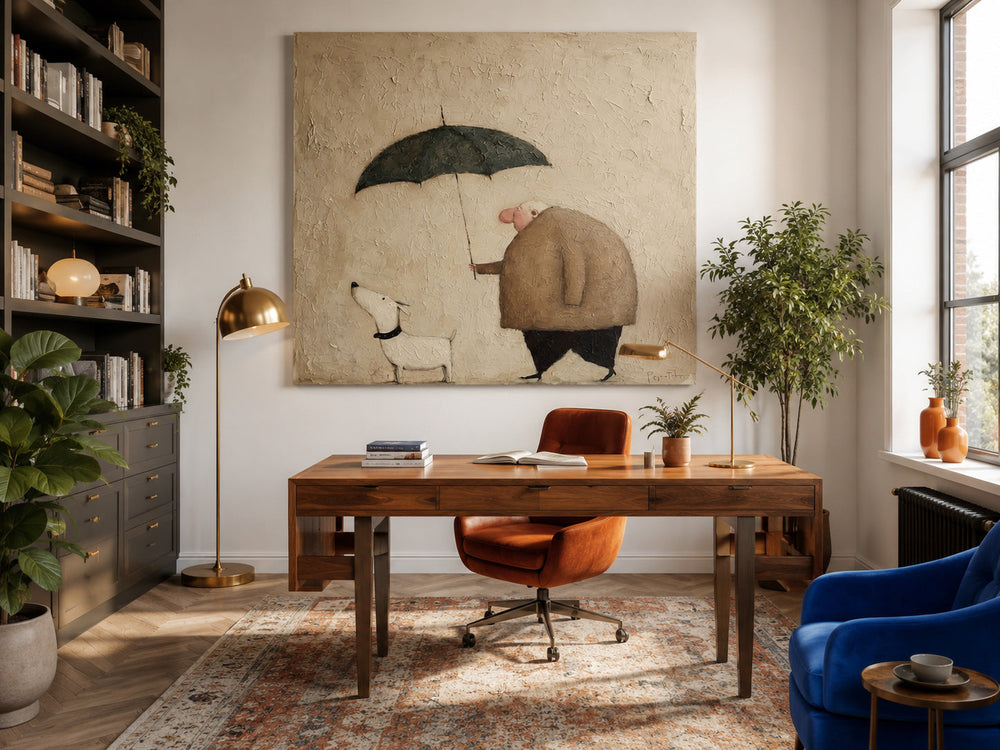 Whimsical Square Canvas Art Cute Man And Pet Under Umbrella For Living Room