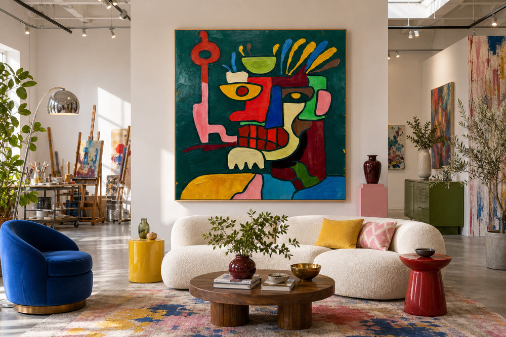 Vibrant Abstract Portrait Painting With Graffiti Elements For Modern Home Decor
