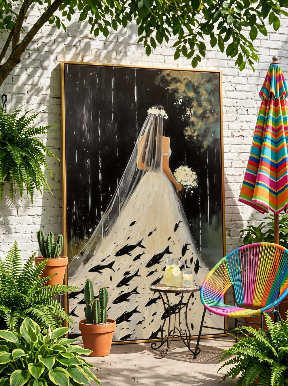 Surreal Bride Painting With Fish In Rain For Modern Home Decor
