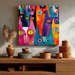 Whimsical Feline Art Print Geometric Cats In Pink Blue Orange For Nursery Or Office