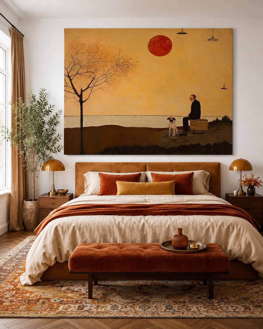 Retro Minimalist Oil Painting Of Man And Dog At Sunset For Living Room Decor