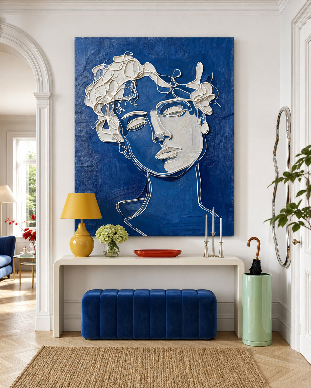Modern Blue White Plaster Line Art Portrait Painting For Living Room Wall Decor
