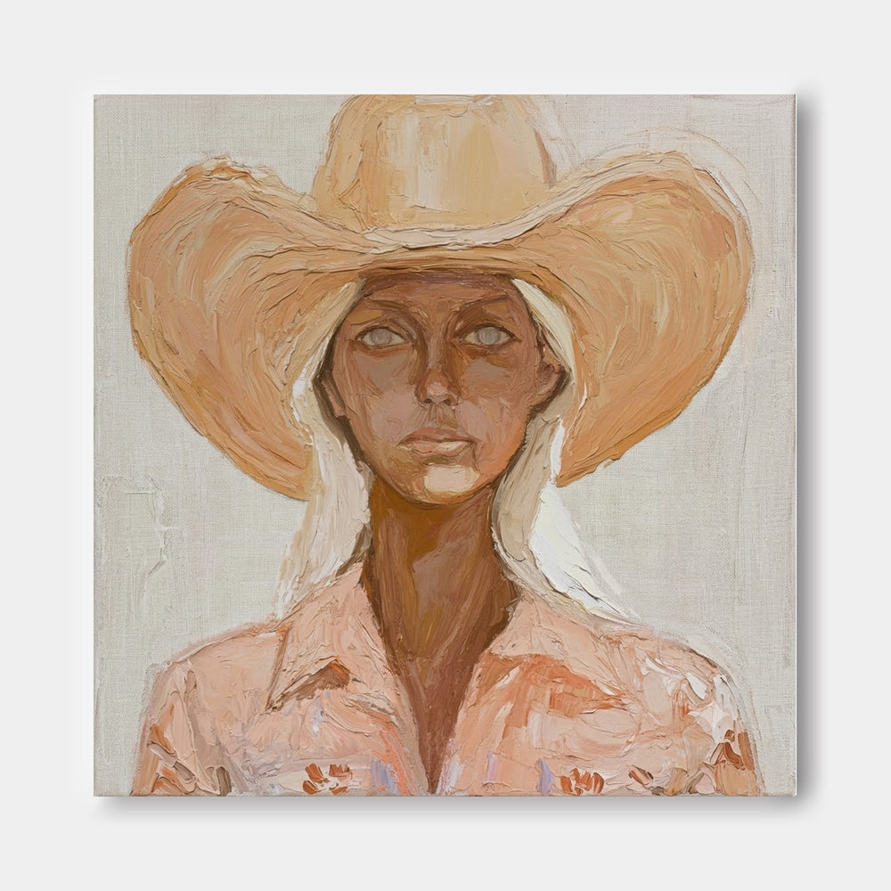 Organic Modern Square Canvas Art Featuring Female Figure In Cowboy Hat For Living Room Wall