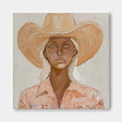 Organic Modern Square Canvas Art Featuring Female Figure In Cowboy Hat For Living Room Wall