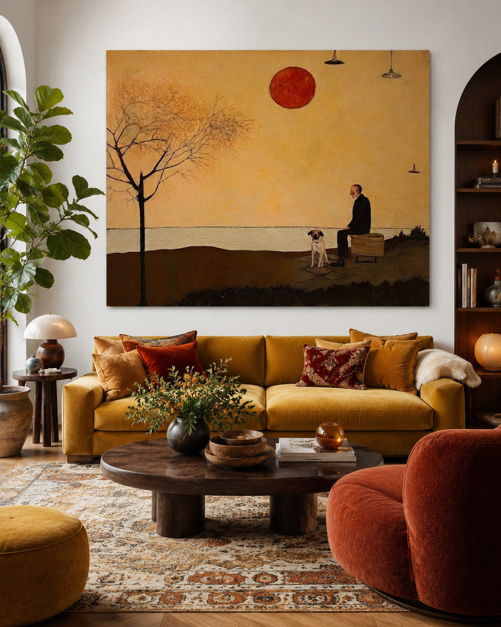 Retro Minimalist Oil Painting Of Man And Dog At Sunset For Living Room Decor