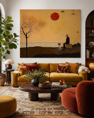 Retro Minimalist Oil Painting Of Man And Dog At Sunset For Living Room Decor