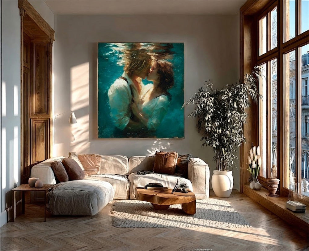 Underwater Lovers Original Oil Painting Square Canvas Romantic Sea Art For Modern Home Decor